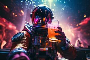 Astronaut in a space suit and helmet at a rave club with a glass of cocktail near the bar photo