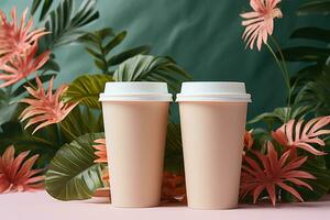 Two pink paper coffee cups with green and pink leaves in the background. Minimalism concept. photo