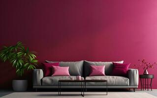 modern living room interior gray sofa, table, house plant on magenta wall background, minimalist design photo