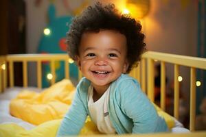 happy healthy little african american baby in yellow crib photo