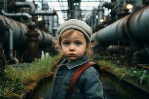 Little blond sad childin hat and jacket lost in an abandoned factory on a blurred background of factory pipes photo