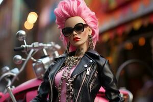 Pink haired pretty punk doll woman in leather jacket with pink bike on a background photo
