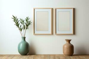 Two empty mockup frames on white wall over wooden surface with ceramic vases photo