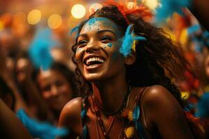 joven encantador sonriente brasileño mujer en azul festivo atuendo a carnaval teniendo divertido foto