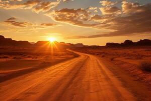 Vivid wide angle morning desert road photo. Conception of travelling and adventures photo