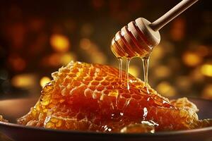 Wooden honey spoon with honey flowing onto honeycombs in a bowl on blurred sparkling yellow background photo