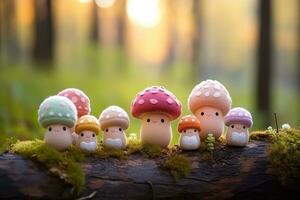 set of cute felt toys mushrooms in pastel colors on a blurred forest background photo