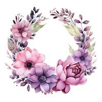 watercolor Floral wreath with pink and purple flowers photo