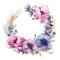 watercolor Floral wreath with pink and purple flowers photo