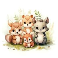Cute woodland animals in watercolor style. isolated photo