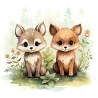 Cute woodland animals in watercolor style. isolated photo