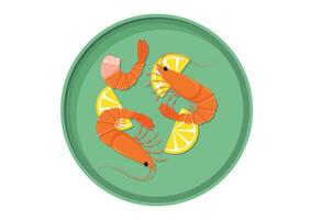 Plate with cooked shrimp and lemon slice vector illustration isolated on white background. Boiled sea food flat design