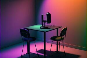 Room with table and chairs, podcast style. AI digital illustration photo