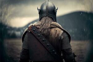 Viking warrior from the back with horned helmet, mountains in the background. AI digital illustration photo