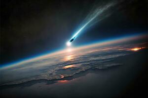 Comet passing close to Earth, seen from space. AI digital illustration photo