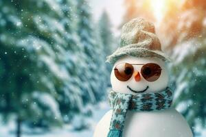 Snowman in hat and scarf, christmas concept, bokeh background. Generative AI photo