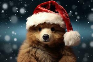 Teddy bear with Santa Claus hat, christmas holiday concept. Generative AI photo