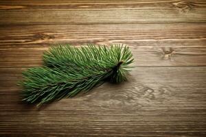 Pine branch on wooden floor, christmas concept, digital illustration. Generative AI photo