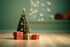 Christmas tree and gifts, bokeh background, Christmas decoration, digital illustration. Generative AI photo