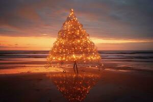 Landscape with Christmas tree with lights on the beach. Generative AI photo