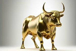 Bull statue illustration made in solid gold, financial market, white background. Generative AI photo