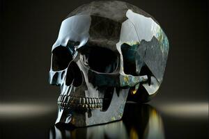 Crystal skull illustration with octagonal shapes, dark background. Generative AI photo