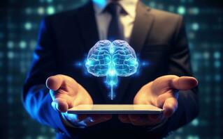 Businessman holding tablet, brain projection, technology and AI concept. Generative AI photo
