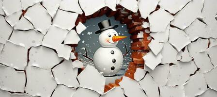 Snowman, broken wall, christmas concept, background bokeh. Generative AI photo