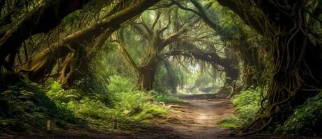 Enchanted forest, fantasy concept, digital illustration. Generative AI photo