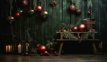 Christmas tree balls, pine branches, wooden background, Christmas decoration, digital illustration. Generative AI photo