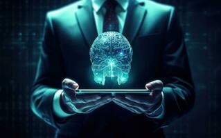 Businessman holding tablet, brain projection, technology and AI concept. Generative AI photo