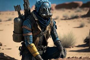 Man with and gas mask and blue hair, post apocalypse survivor. AI digital illustration photo