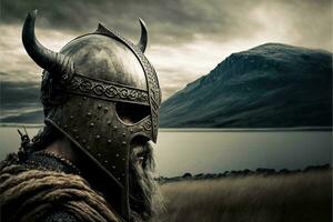 Viking warrior from the back with helmet, mountains in the background. AI digital illustration photo