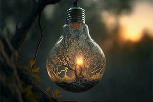 Light bulb with little plants inside, background, sustainability concept. AI digital illustration photo