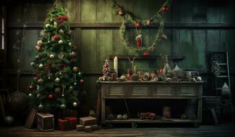 Christmas themed background, tree, gifts, christmas concept, digital illustration. Generative AI photo