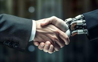 Robotic hand and human hand, technology and AI concept. Generative AI photo