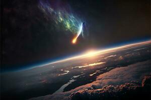 Comet passing close to Earth, visualization from space. AI digital illustration photo