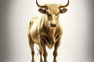 Bull statue illustration made in solid gold, financial market, white background. Generative AI photo