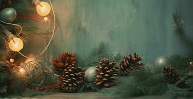 Christmas background with pine cones and pine branches, bokeh background. Generative AI photo