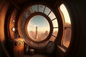 View from inside an airship, steampunk style. AI digital illustration photo