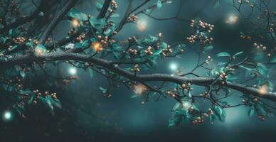 árbol ramas con luces, Navidad concepto, fundo Bokeh, digital ilustración. generativo ai foto