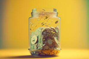 Glass jar full of money, investment, yellow background. Digital illustration AI photo