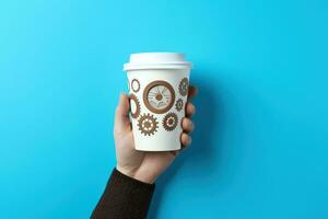 Hand holding coffee cup with gears, blue background, digital illustration. Generative AI photo