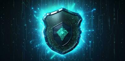 Antivirus shield with green neon lights in background, technology concept. Generative AI photo