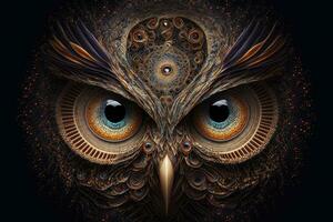 Digital illustration of the face of a mystical owl with incredible shapes. Generative AI photo