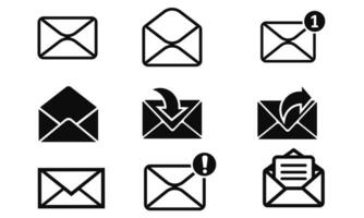 conjunto icono mensaje correo electrónico, carta. sólido negro icono vector
