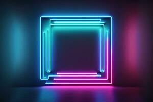 Background with neon lights in square shape. AI digital illustration photo