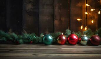 Christmas tree balls, pine branches, wooden background, Christmas decoration, digital illustration. Generative AI photo