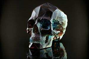 Crystal skull illustration with octagonal shapes, dark background. Generative AI photo