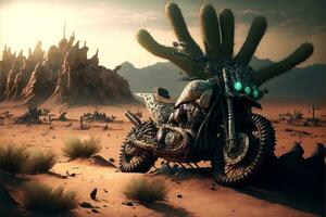 Desert landscape with deteriorated custom motorcycle, cacti and sand, mad max style. AI digital illustration photo